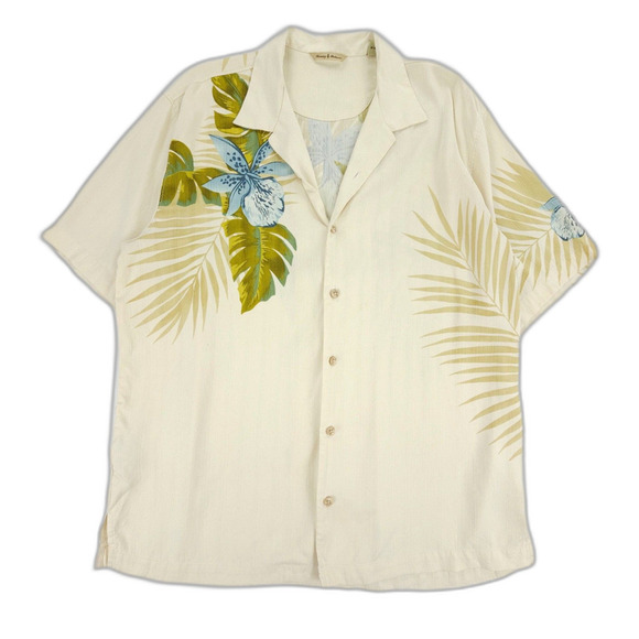 TOMMY BAHAMA 100% Silk Old Money Button Down Hawaiian Shirt Large Cream Resort - Picture 1 of 8